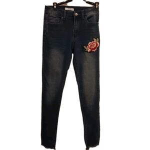 AQ Jeans, Junior Sz 7, Floral Embroidered Patch Fringe Skinny, Retro Timeless